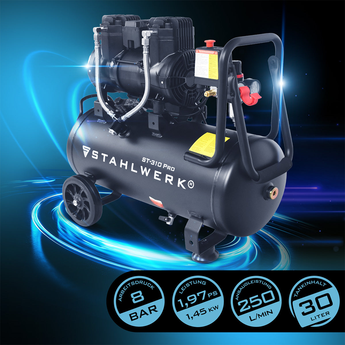 STAHLWERK ST-310 Pro Flüsterkompressor 8 bar, 30 L, 250 l/min