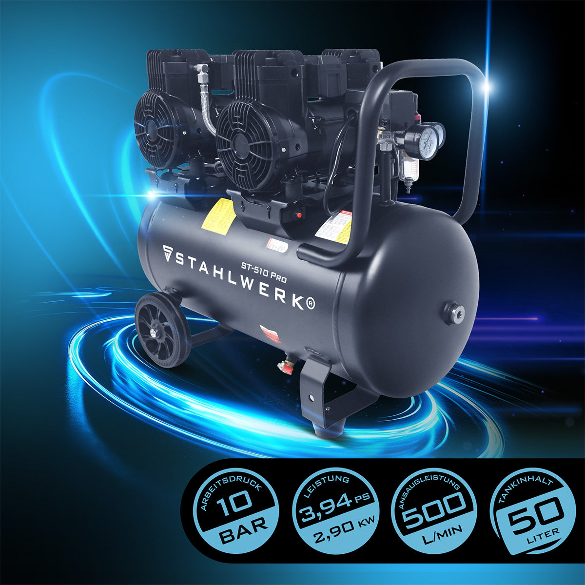 STAHLWERK ST-510 Pro Flüsterkompressor 10 bar, 50 L, 500 l/min