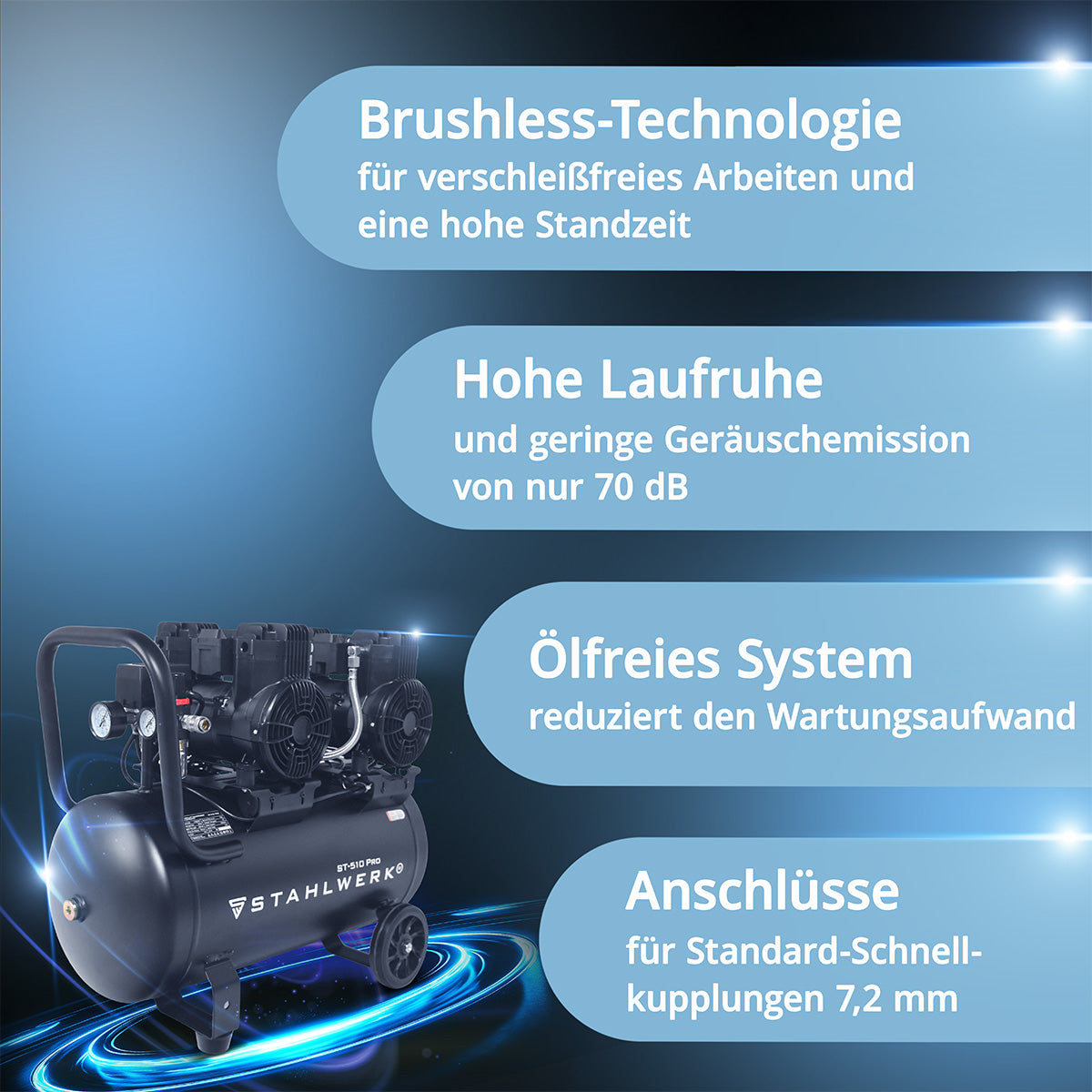 STAHLWERK ST-510 Pro Flüsterkompressor 10 bar, 50 L, 500 l/min