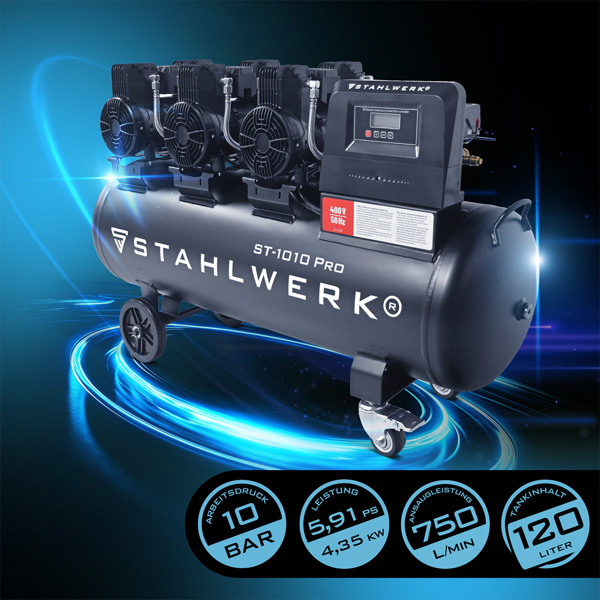 STAHLWERK ST-1010 Pro Flüsterkompressor 10 bar, 120 L, 750 l/min