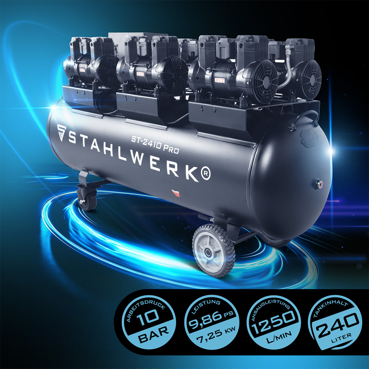STAHLWERK ST-2410 Pro Flüsterkompressor 10 bar, 240 L, 1250 l/min