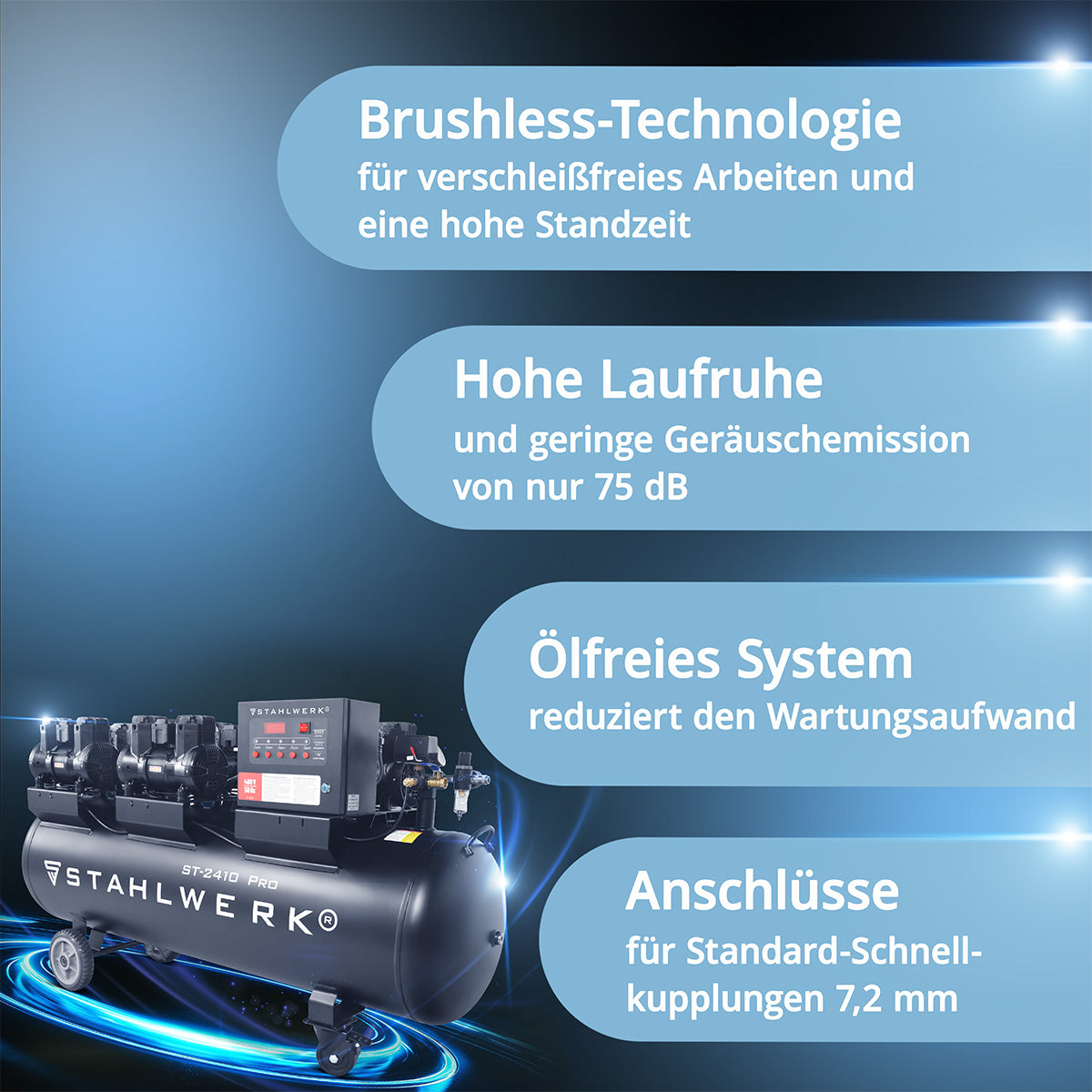 STAHLWERK ST-2410 Pro Flüsterkompressor 10 bar, 240 L, 1250 l/min