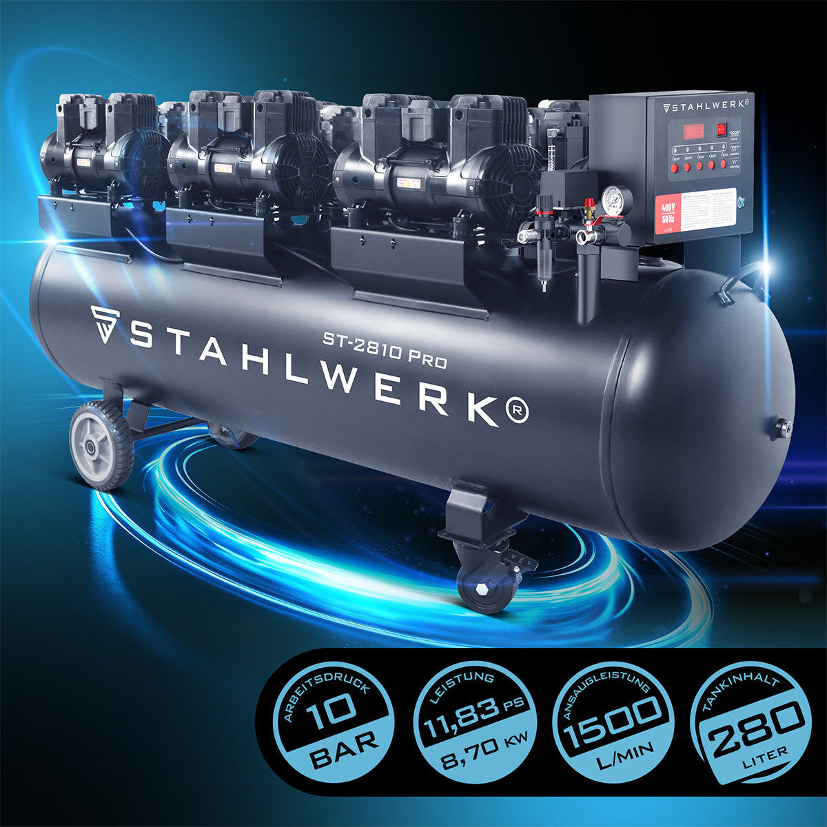 STAHLWERK ST-2810 Pro Flüsterkompressor 10 bar, 280 L, 1500 l/min