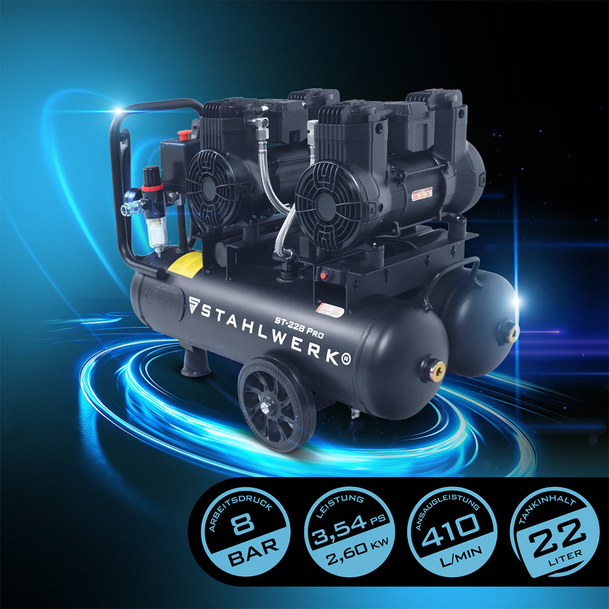 STAHLWERK ST-228 Pro Flüsterkompressor 8 bar, 22 L, 410 l/min