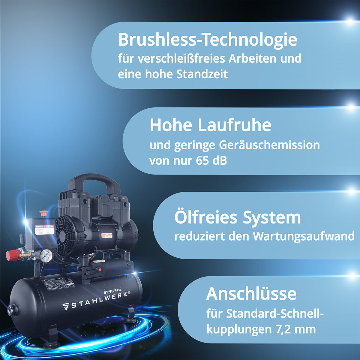 STAHLWERK ST-98 Pro Flüsterkompressor 8 bar, 9 L, 170 l/min