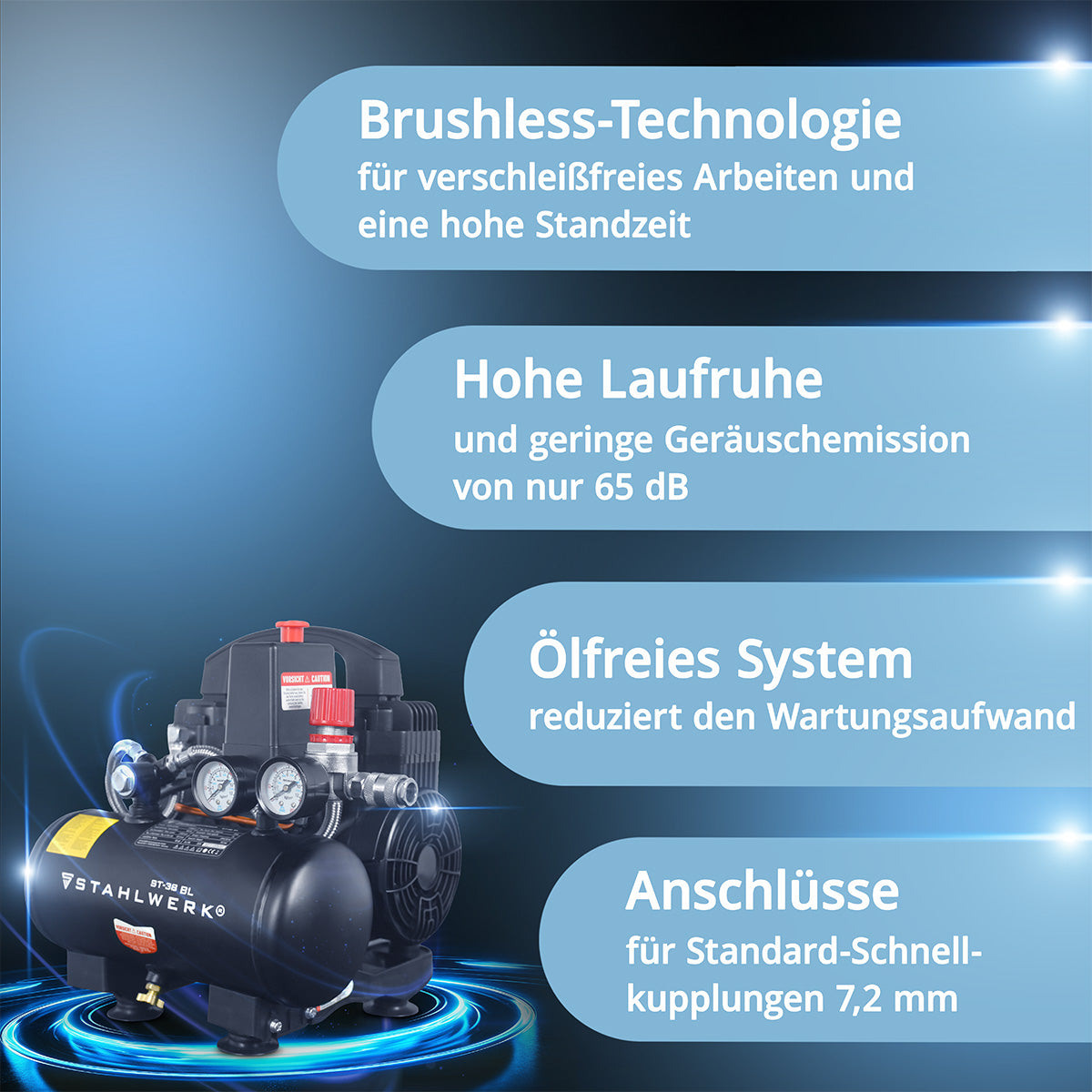 STAHLWERK ST-38 BL Flüsterkompressor 8 bar, 3 L, 170 l/min