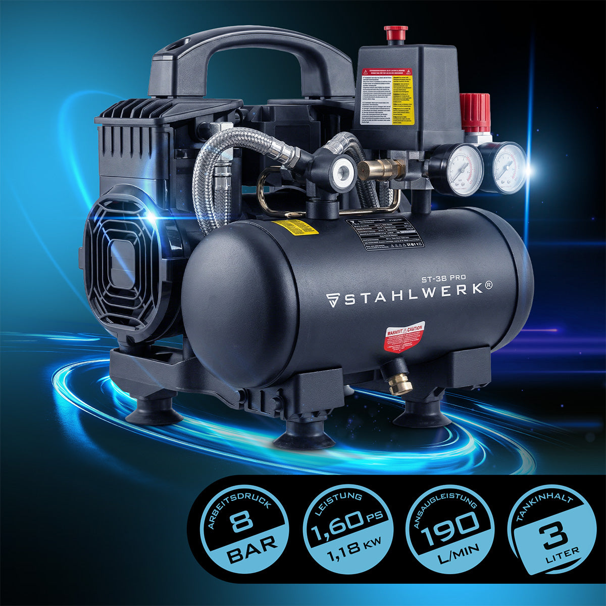 STAHLWERK ST-38 Pro Flüsterkompressor 8 bar, 3 L, 190 l/min