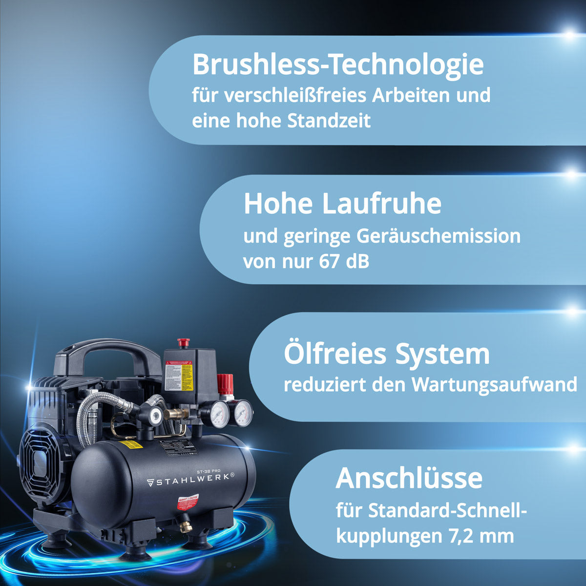 STAHLWERK ST-38 Pro Flüsterkompressor 8 bar, 3 L, 190 l/min