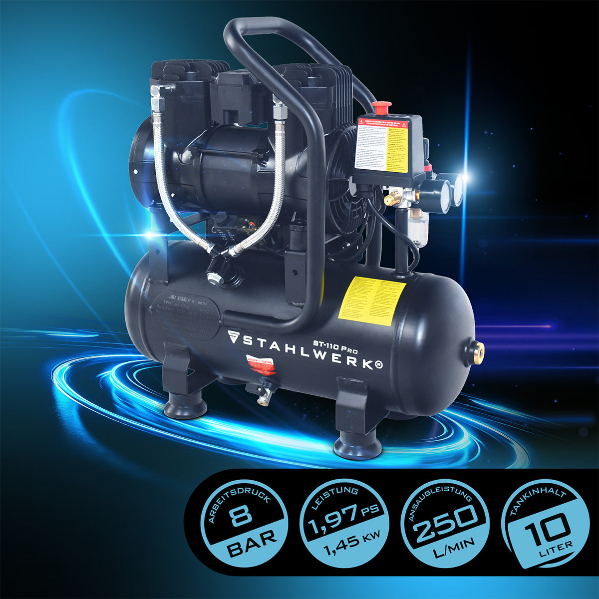 STAHLWERK ST-110 Pro Flüsterkompressor 8 bar, 10 L, 250 l/min