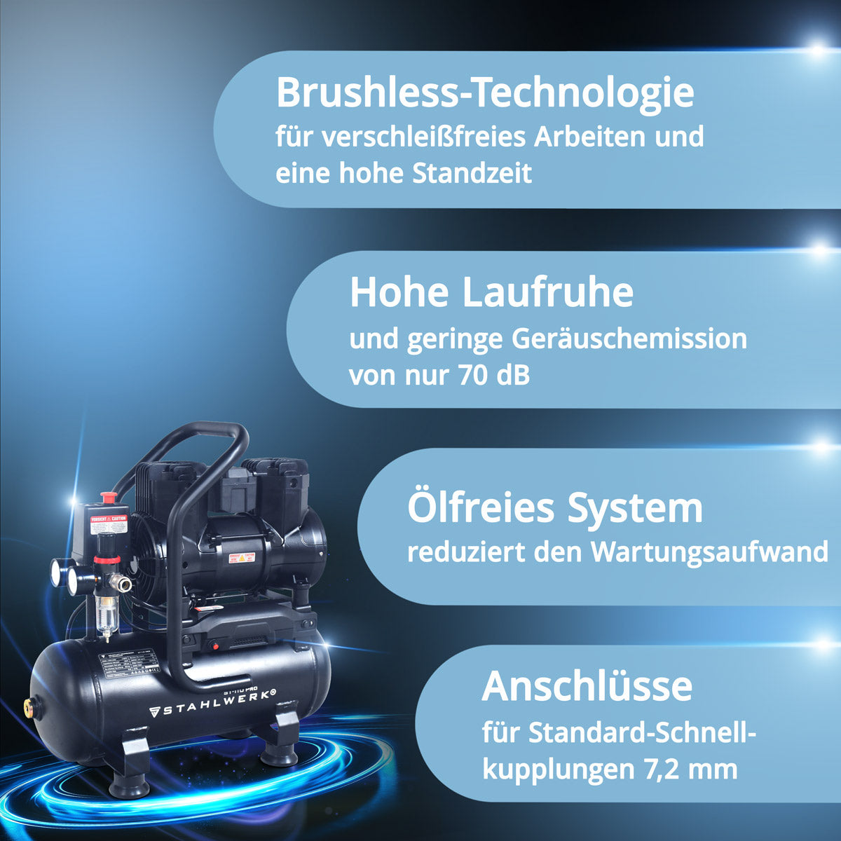 STAHLWERK ST-110 Pro Flüsterkompressor 8 bar, 10 L, 250 l/min