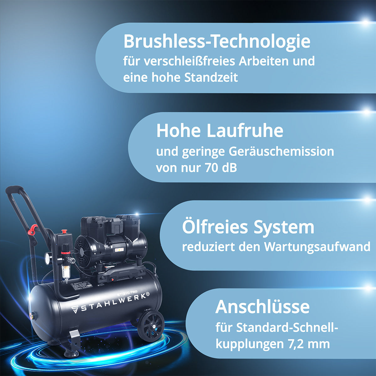 STAHLWERK ST-310 Pro Flüsterkompressor 8 bar, 30 L, 250 l/min