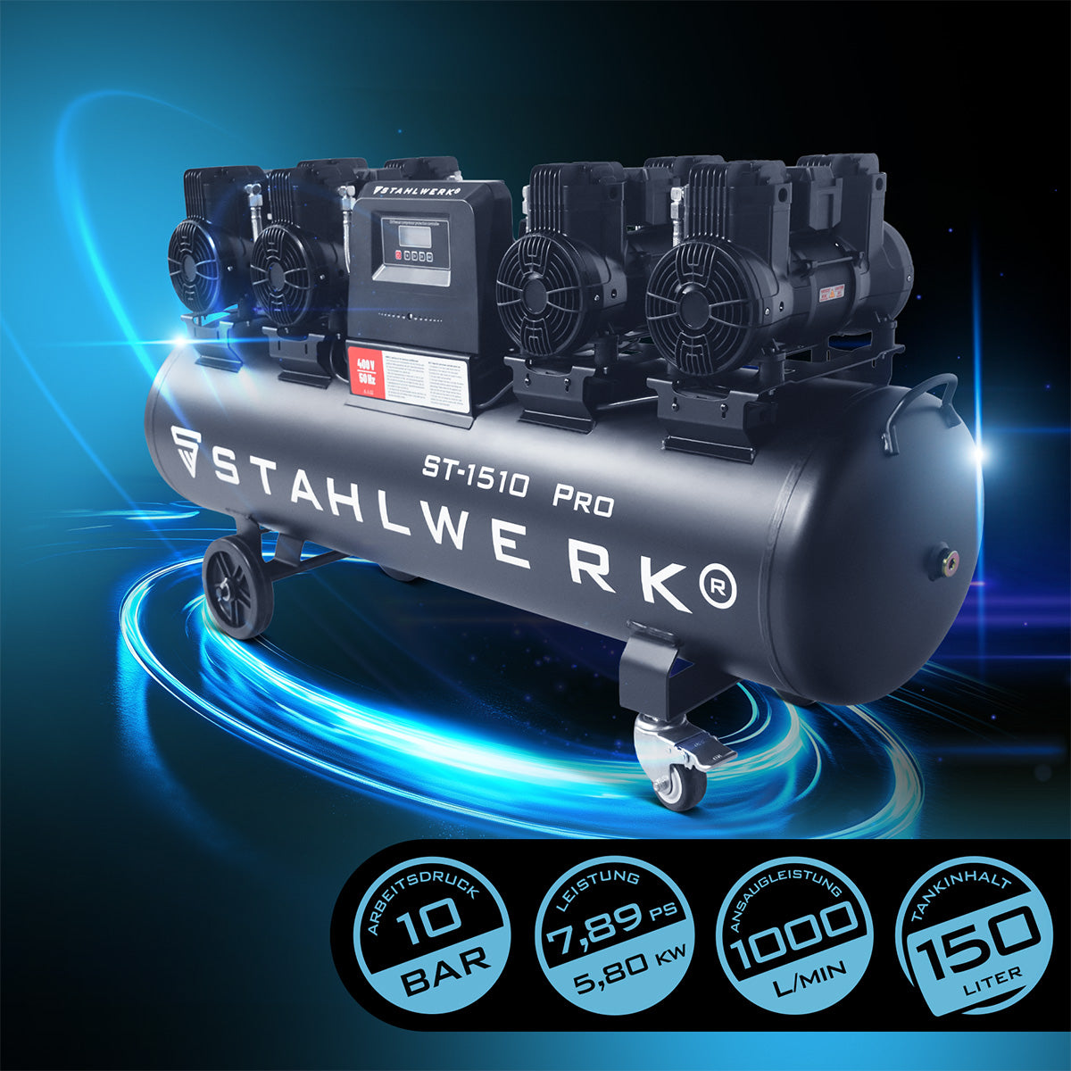 STAHLWERK ST-1510 Pro Flüsterkompressor 10 bar, 150 L, 1000 l/min