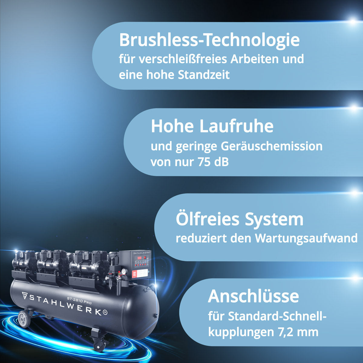 STAHLWERK ST-2810 Pro Flüsterkompressor 10 bar, 280 L, 1500 l/min